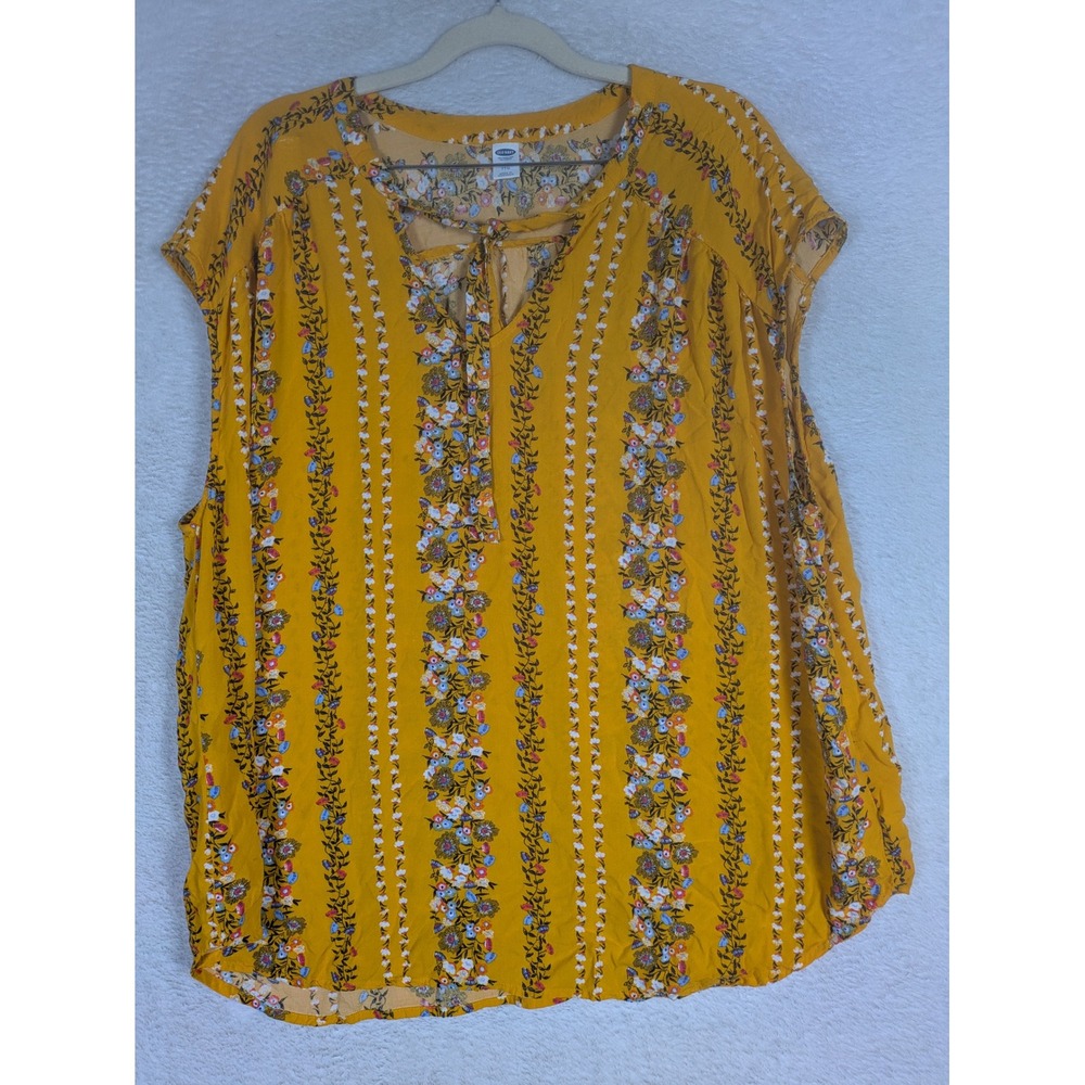 Old Navy Blouse Women's XXL Yellow Floral Striped Tie-Neck Short Sleeve Boho